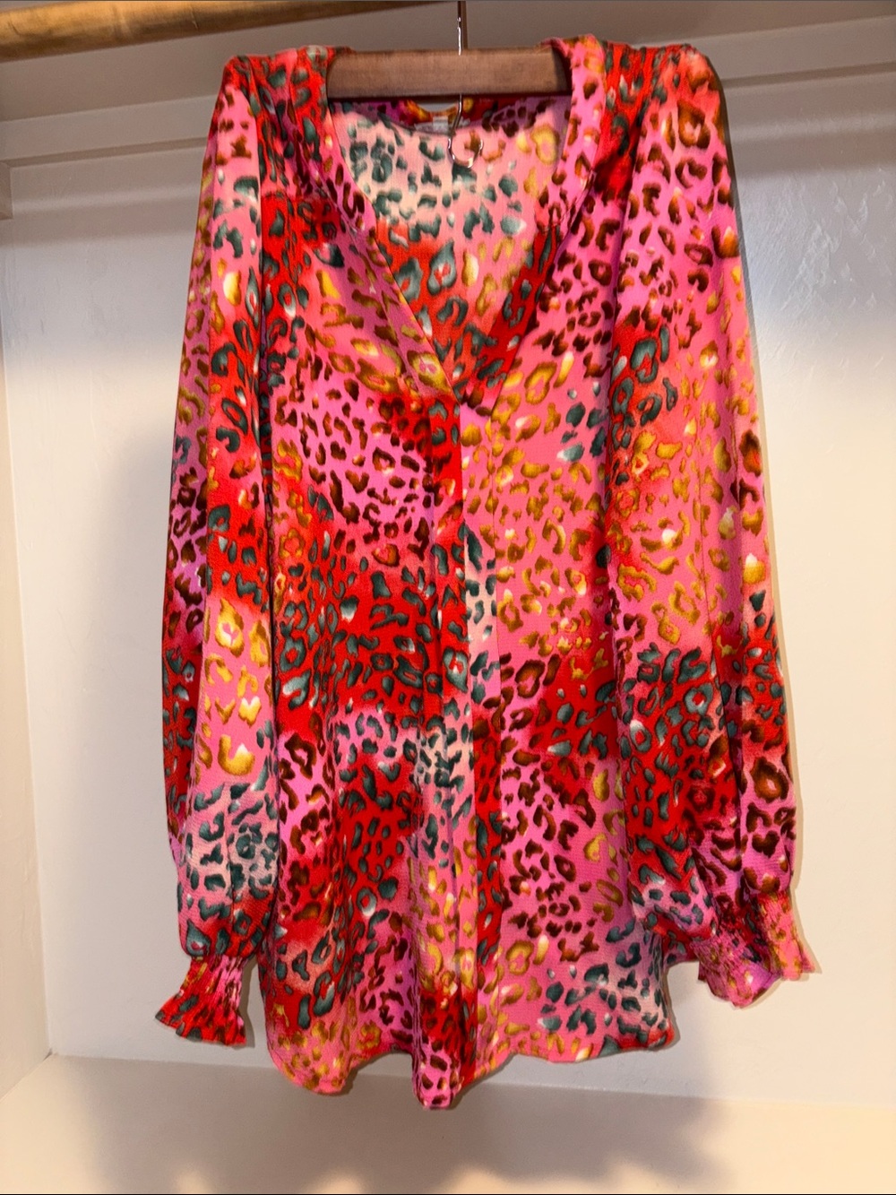 JODIFL Pink and Red Leopard-Print Satin Blouse